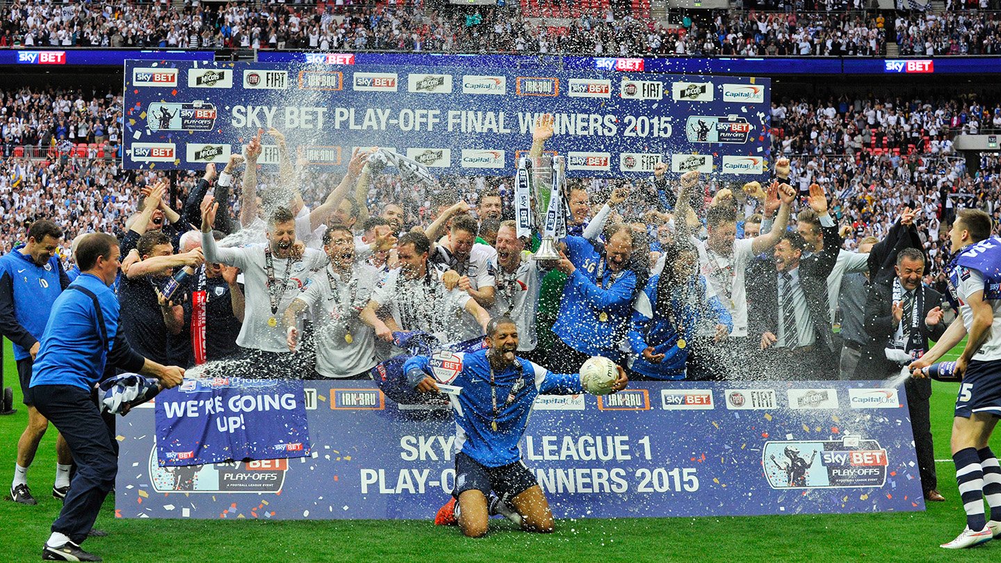 The team celebrate the League One Play-Off Final win at Wembley on 24th May 2015